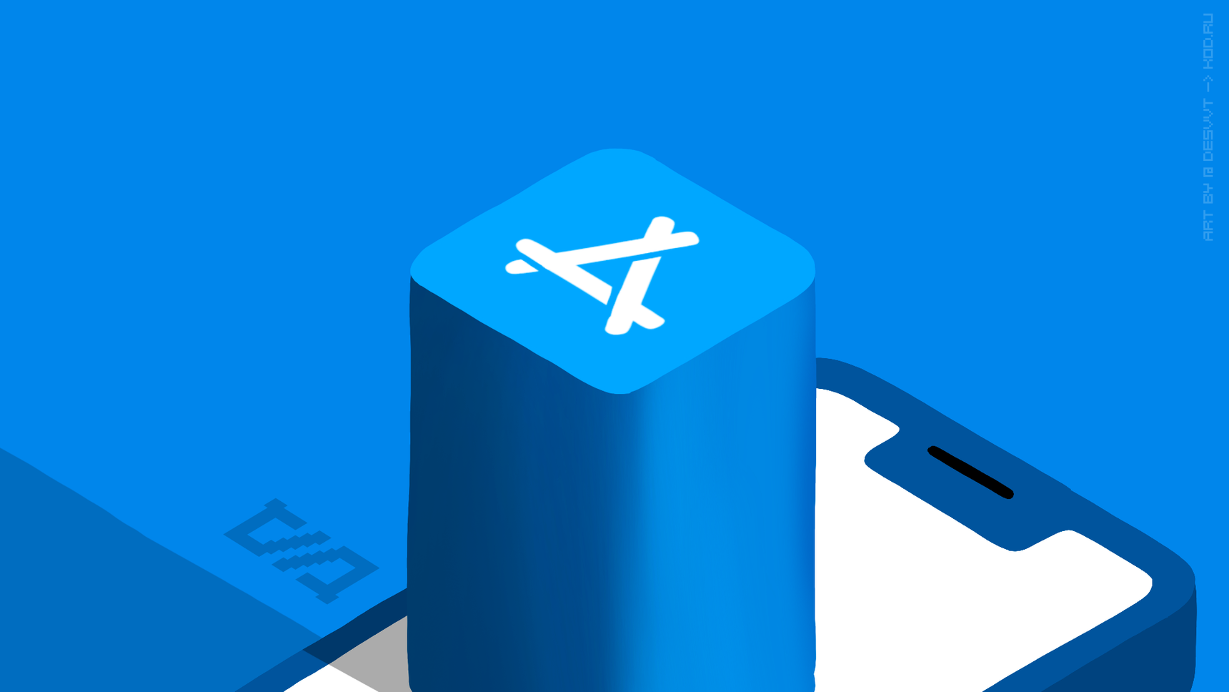 Синий куб с логотипом App Store и часть белого смартфона на синем фоне