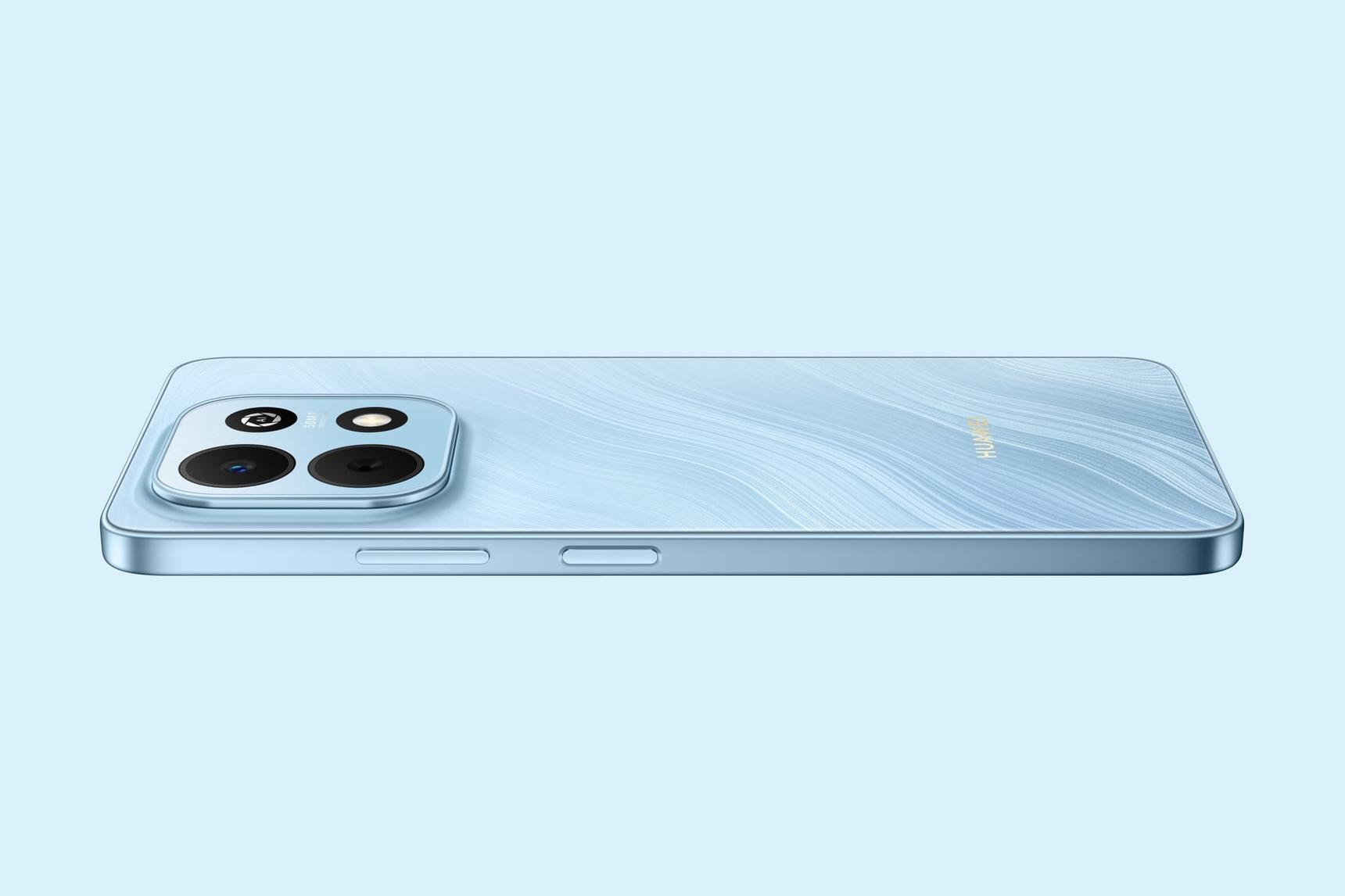 Голубой смартфон Huawei nova Y74 с двойной камерой и логотипом на задней панели.
