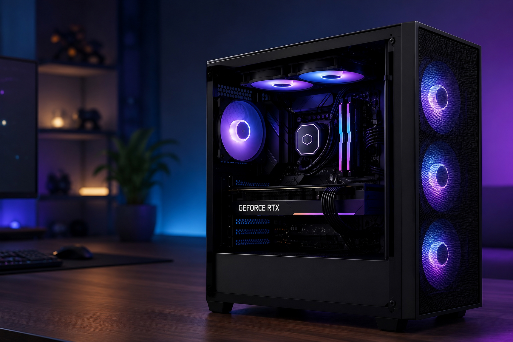 Игровой ПК с подсветкой и видеокартой GeForce RTX на столе.