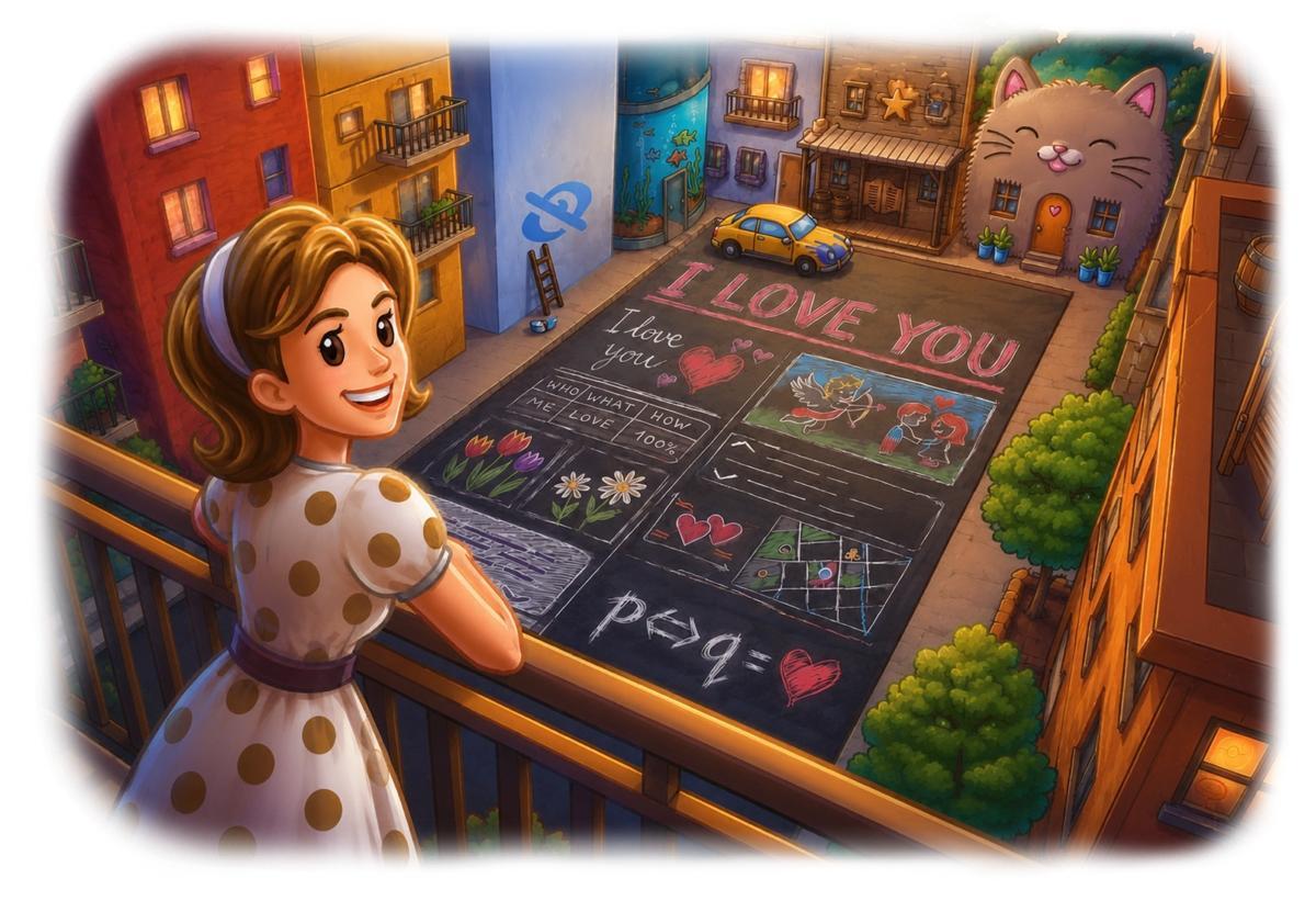Девушка на балконе смотрит на надпись I LOVE YOU мелом на асф