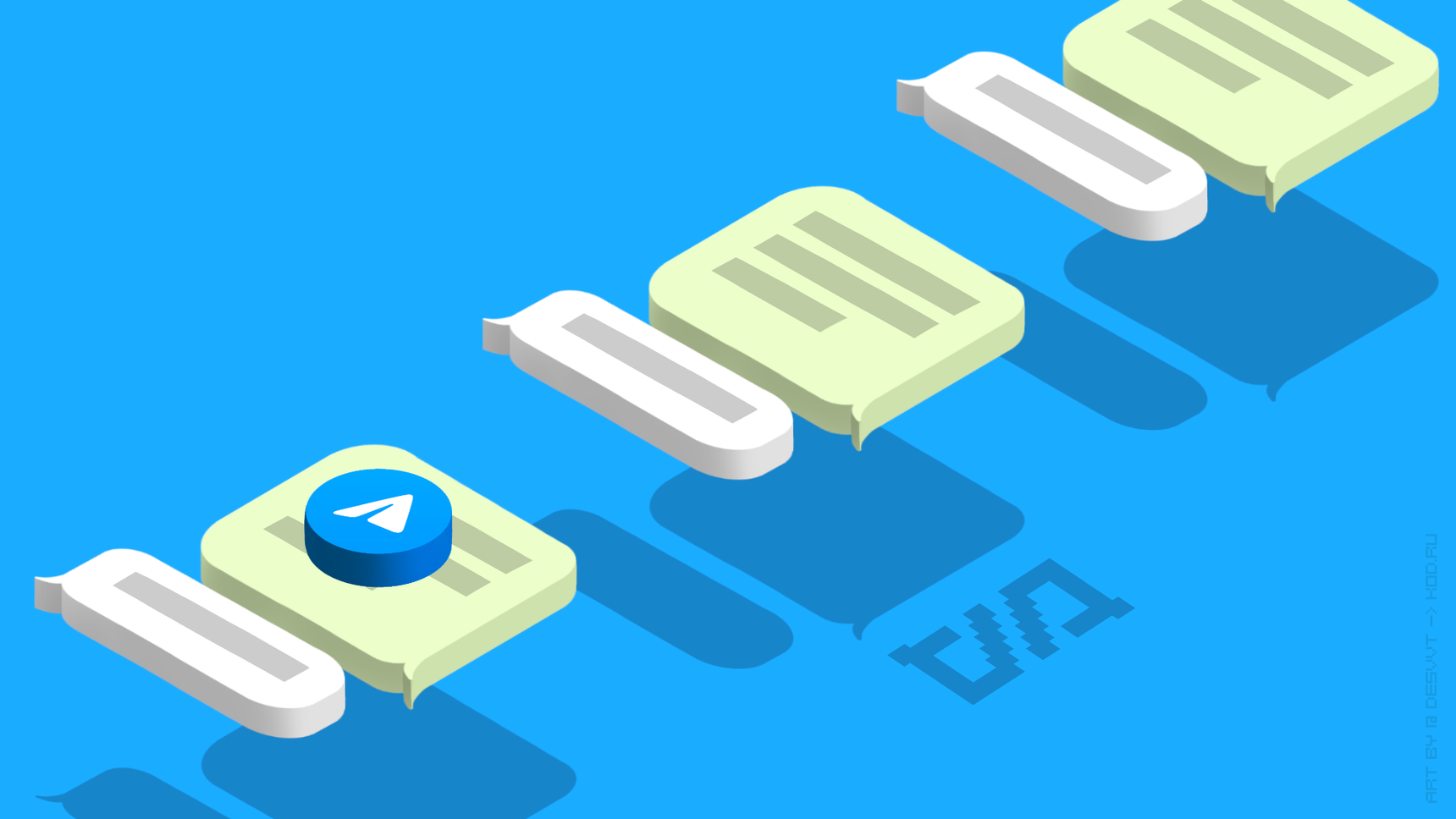 Логотип Telegram на зеленом 3D-пузырьке сообщения среди белых и зеленых пузырьков.