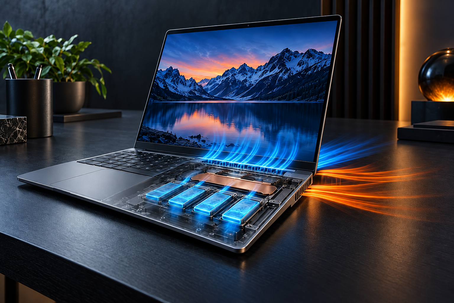 Прототип ноутбука Lenovo Project AeroBlade с прозрачным корпусом, демонстрирующий систему охлаждения AirJet с четырьмя