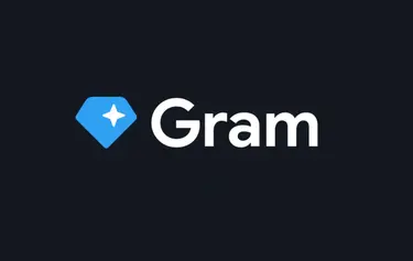 Логотип Gram: синий ромб с белой звездой и надпись Gram на тёмном фоне