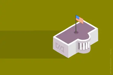 Изометрическое здание с флагом США и символом рубля на стене.