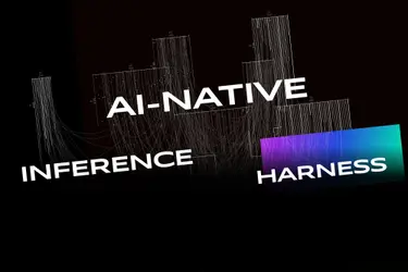 Черный фон с белыми линиями и надписями AI-NATIVE, INFERENCE, HARNESS.