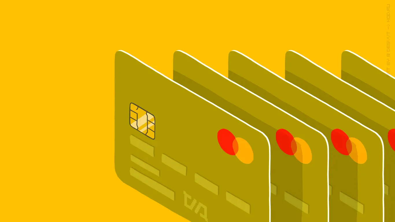 Ряд зеленых банковских карт с чипами и логотипом Mastercard на желтом фоне.