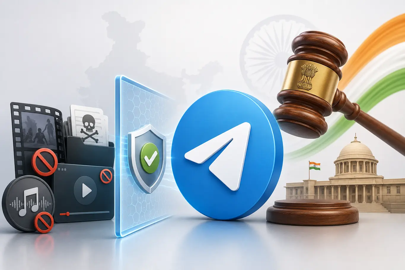 Логотип Telegram, иконки пиратского контента и судейский молоток с гербом Индии.