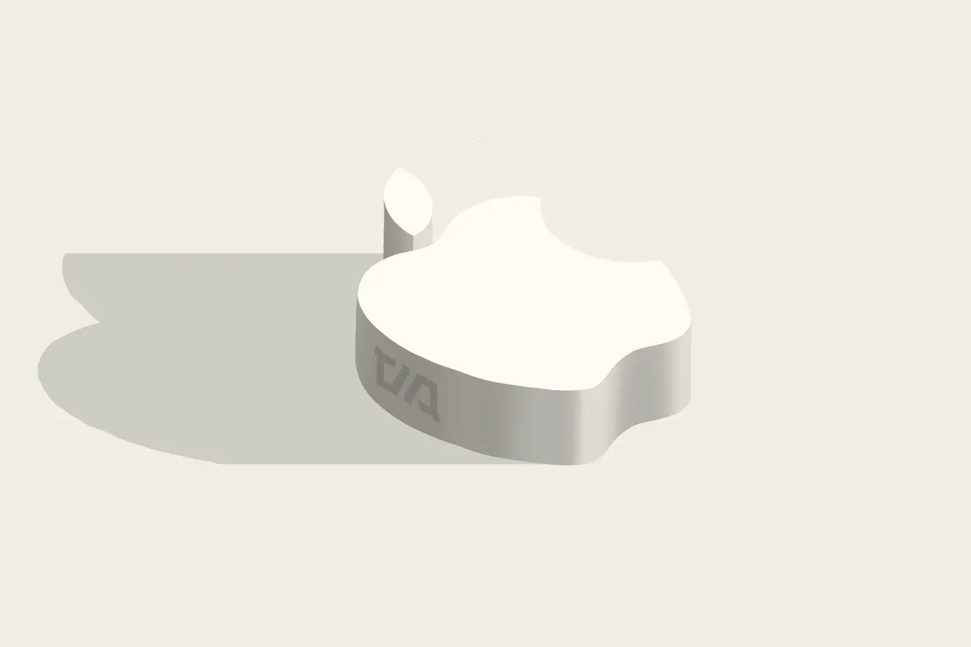 Объемный серебристый логотип Apple с тенью и символами на боковой части.