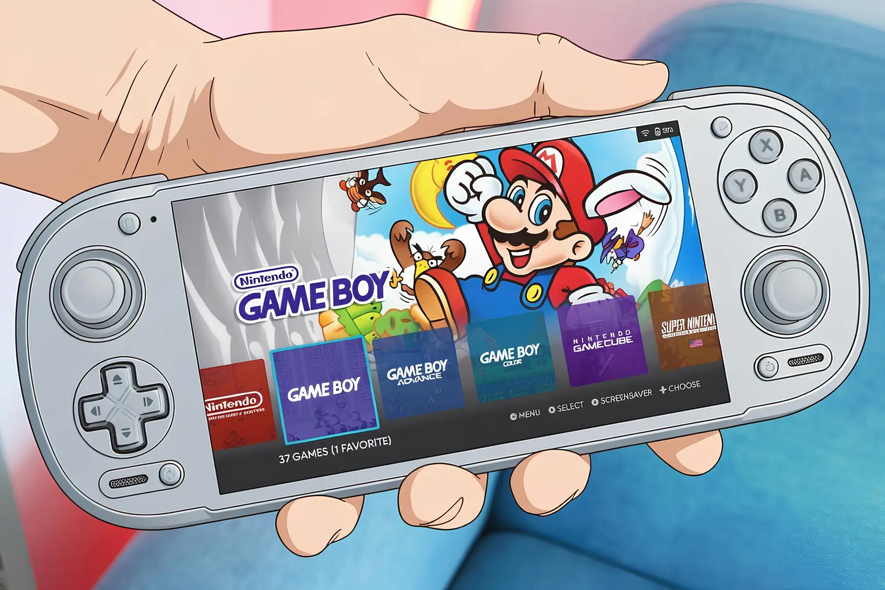 Серый ретро-гаджет, похожий на Game Boy, с иконками игр и логотипами Nintendo в руках человека.