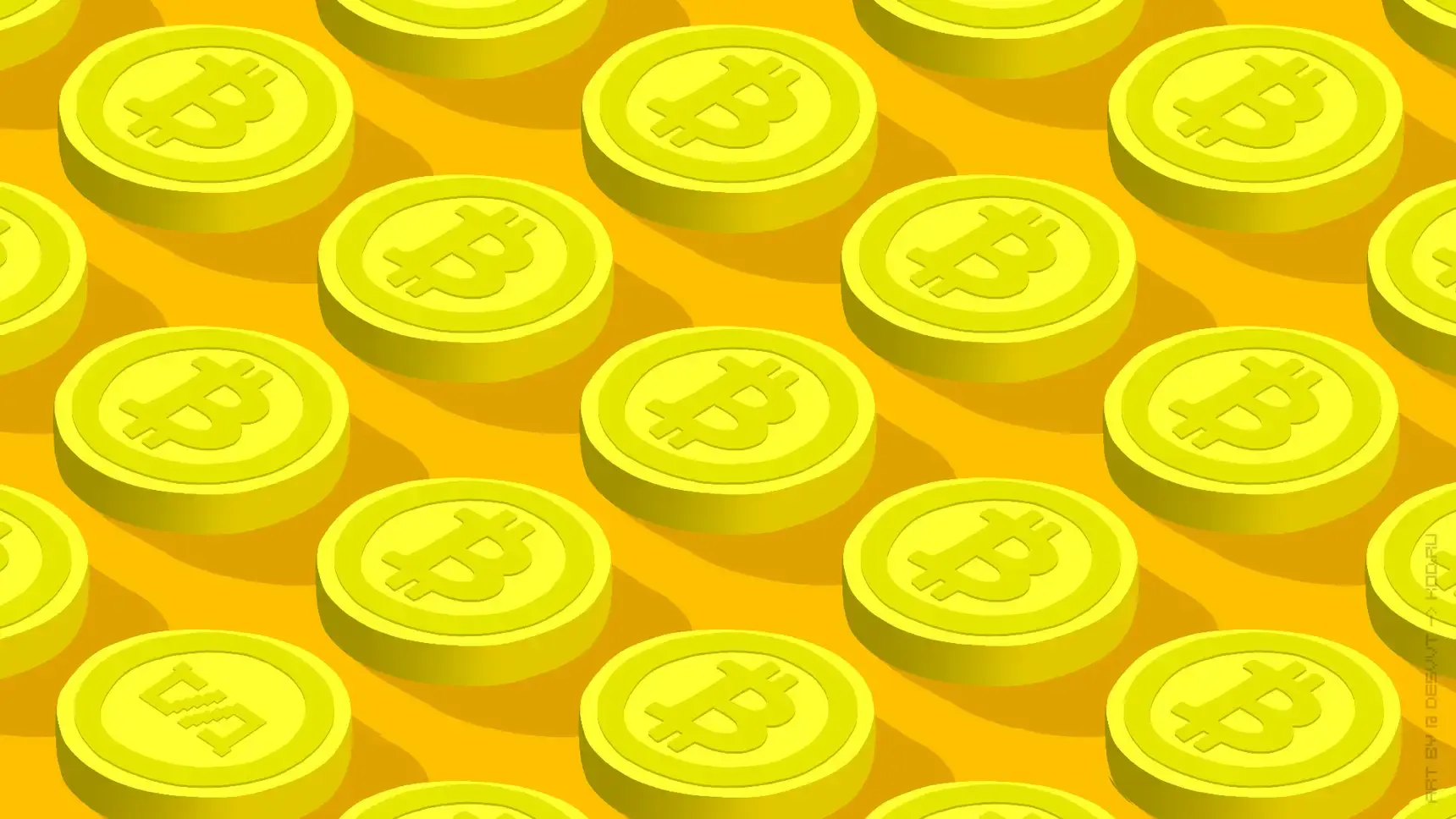 Золотые монеты с символом Bitcoin на желтом фоне.