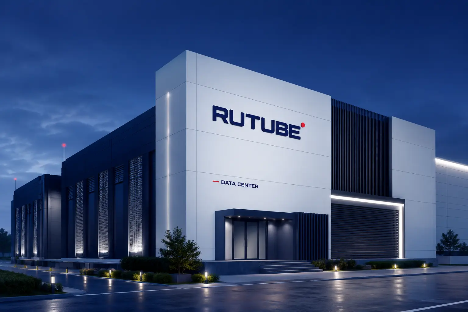 Здание дата-центра RUTUBE с логотипом и надписью DATA CENTER ночью.
