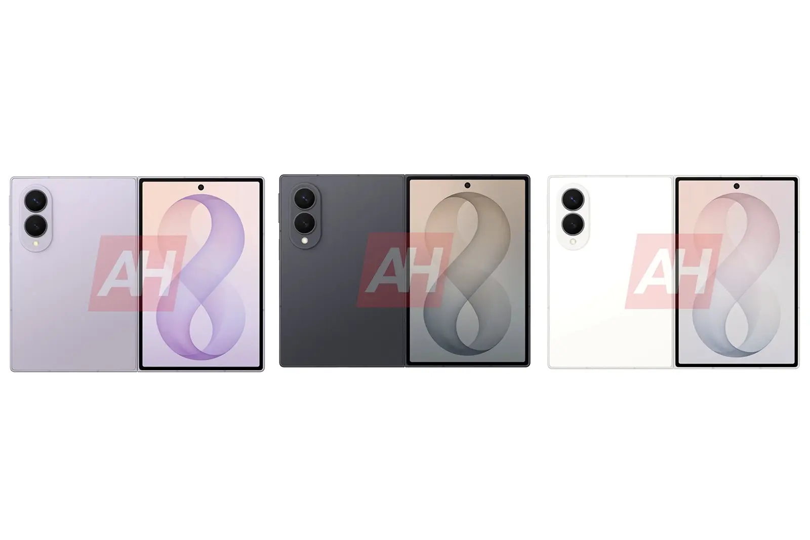 Три раскладных смартфона Samsung Galaxy Z Fold 8 в лавандовом, графитовом и белом цветах.