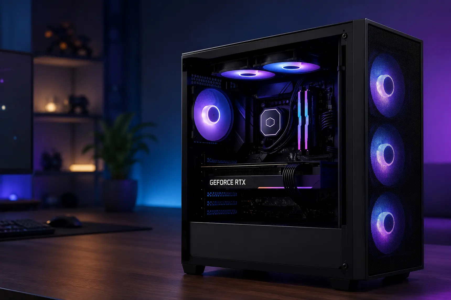 Игровой ПК с подсветкой и видеокартой GeForce RTX на столе.