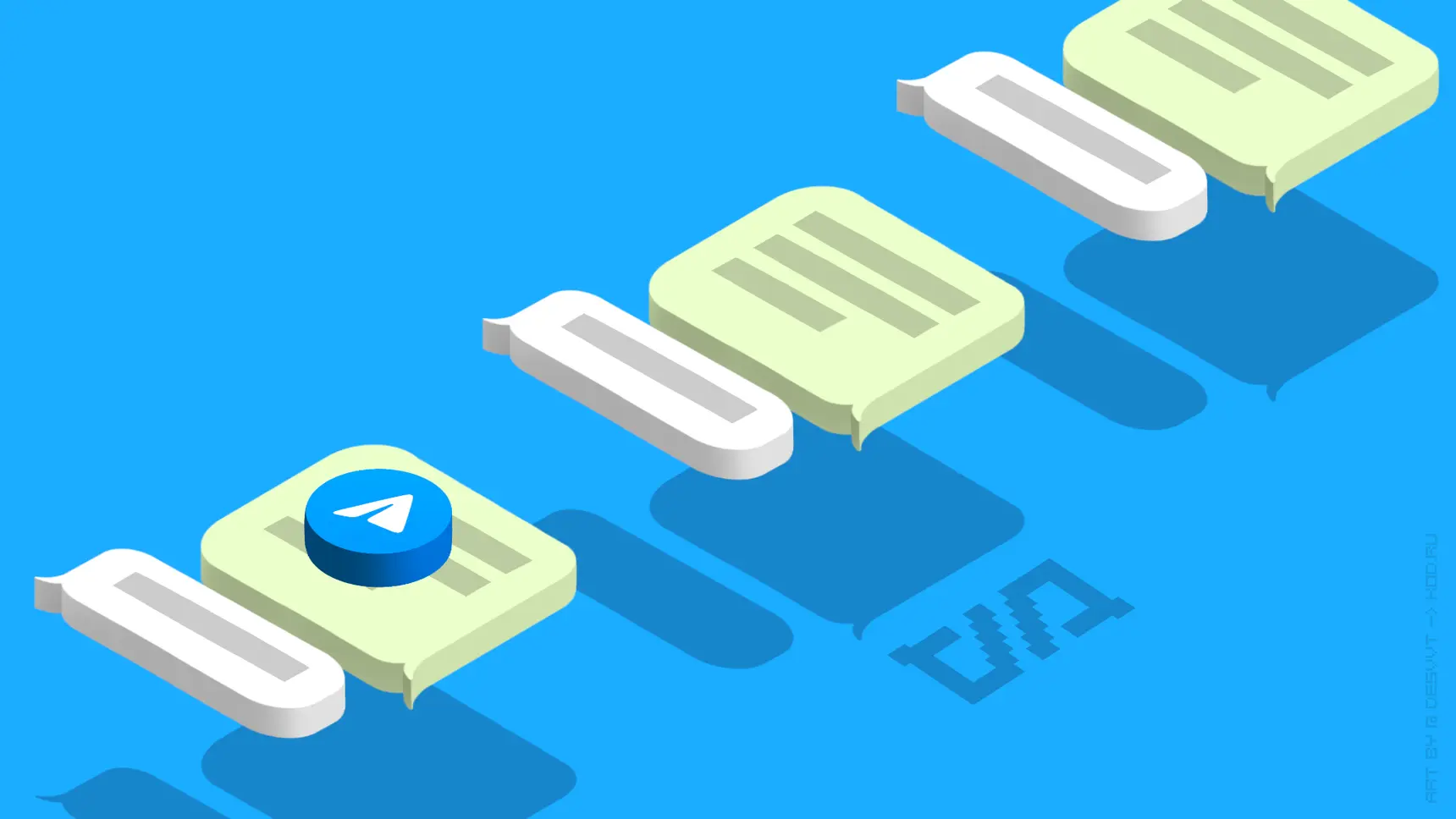 Логотип Telegram на зеленом 3D-пузырьке сообщения среди белых и зеленых пузырьков.