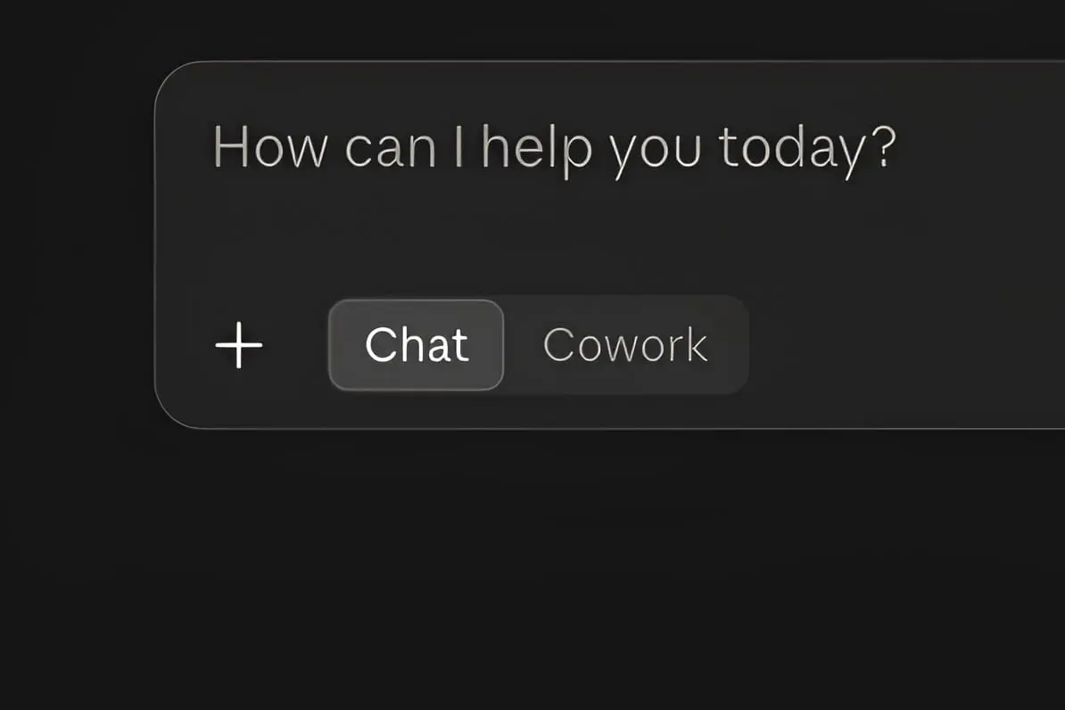 Тёмный интерфейс с текстом 'How can I help you today?' и кнопками '+', 'Chat', 'Cowork'.