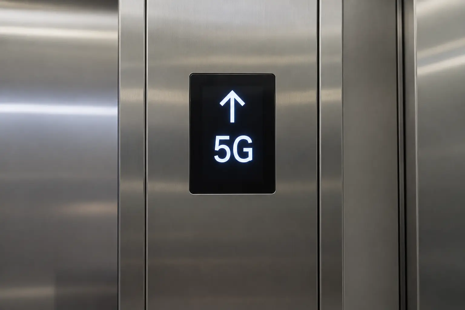 Светящийся дисплей с белой стрелкой вверх и текстом 5G на металлическом фоне.