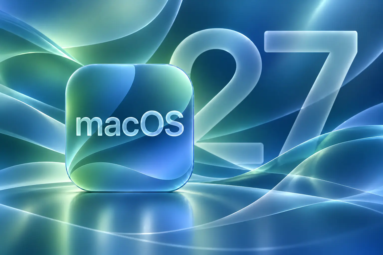 Логотип macOS и цифра 27 на фоне сине-зеленых волн