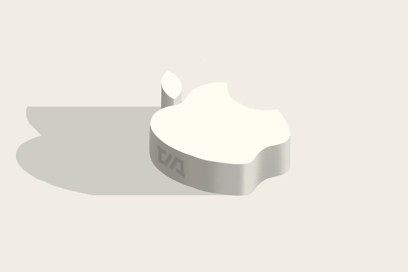 Объемный серебристый логотип Apple с тенью и символами на боковой части.