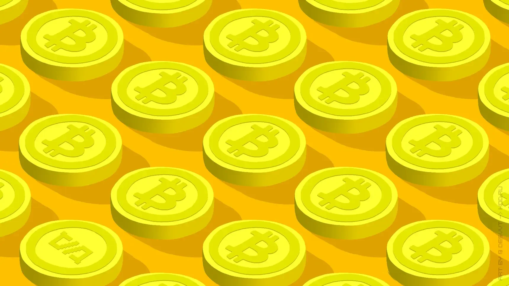 Золотые монеты с символом Bitcoin на желтом фоне.