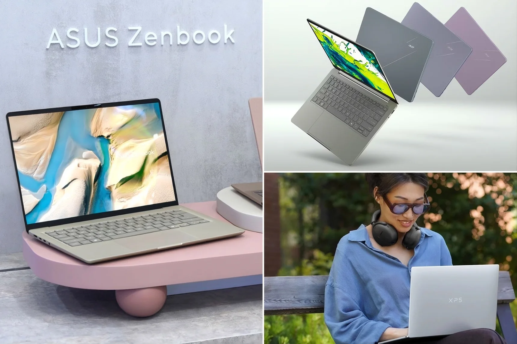Коллаж: ноутбуки ASUS Zenbook, Acer и девушка с ноутбуком Dell XPS.