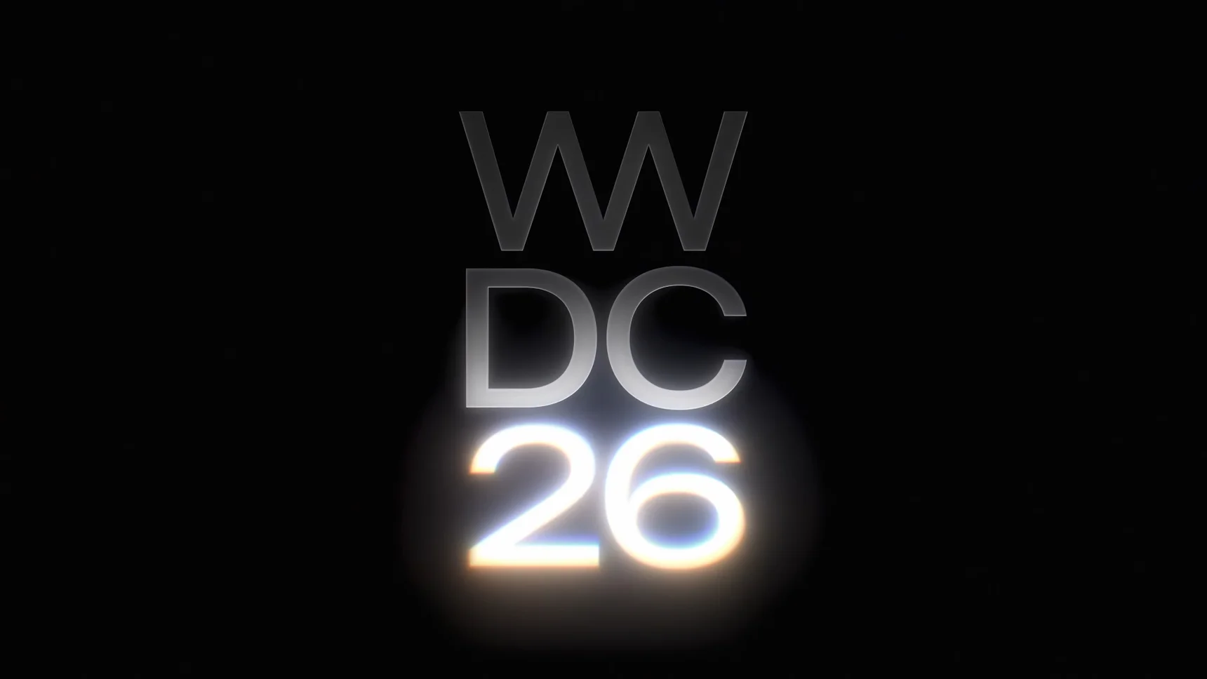 Логотип WWDC 26 с градиентным свечением на черном фоне.