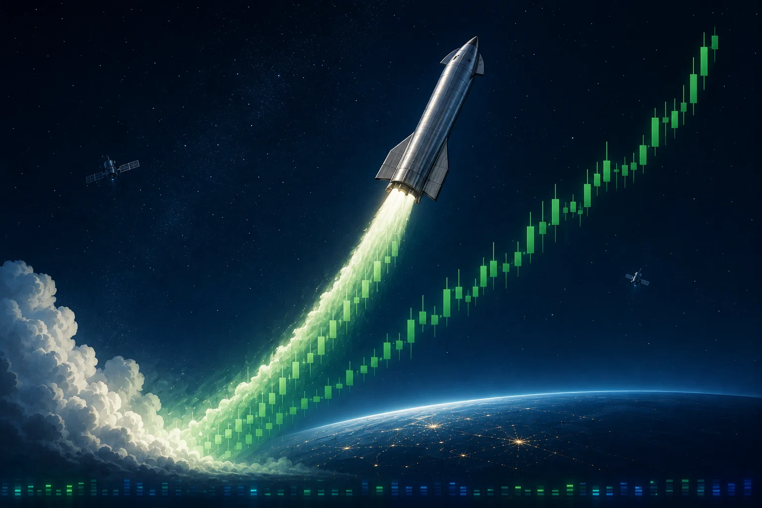 Ракета SpaceX летит вверх, оставляя за собой зеленый график роста акций на фоне Земли и спутников.