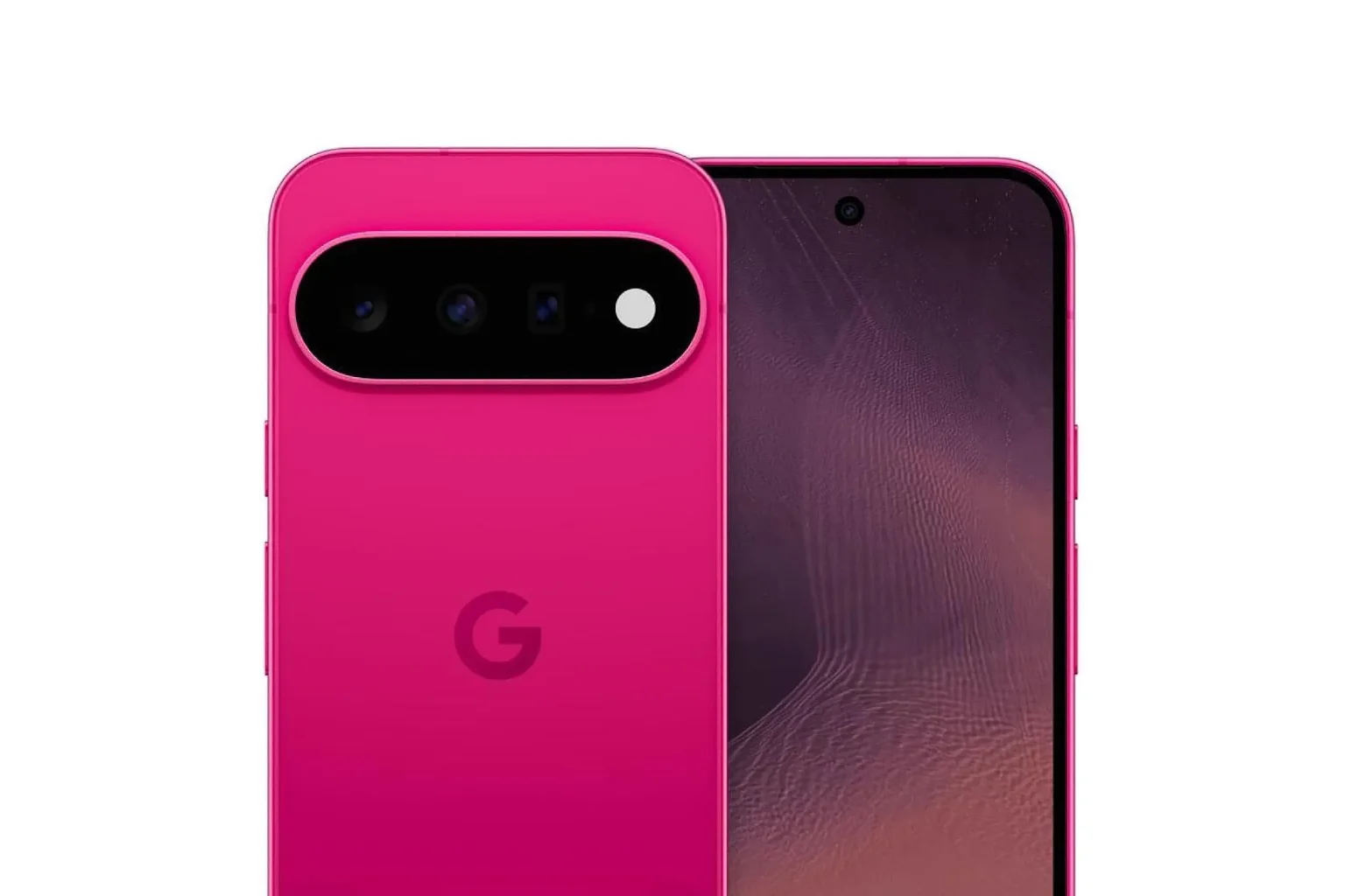 Ярко-розовый смартфон Google Pixel 11 с модулем камеры и логотипом G.