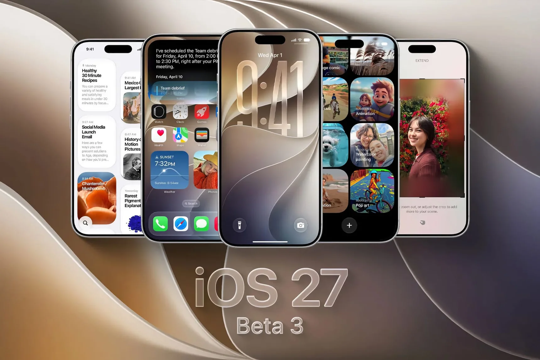 Пять смартфонов с интерфейсом iOS 27, надпись iOS 27 Beta 3, абстрактный фон.