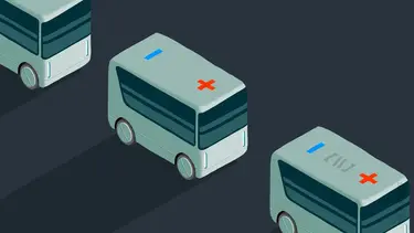 Изображение содержит три автобуса светло-зеленого цвета с синими полосами. На каждом автобусе присутствует красный крест.