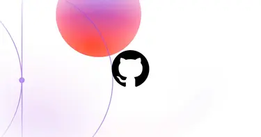 Логотип GitHub, декоративные фиолетовые линии и градиентный круг.