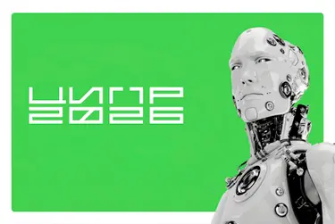 Зелёный фон, белые буквы «ЦИФР 2026», справа металлический робот-каркас.