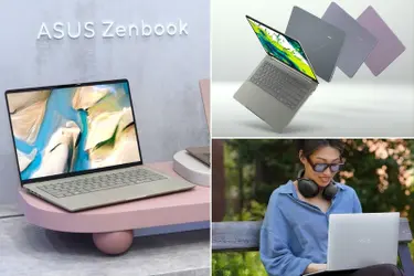 Коллаж: ноутбуки ASUS Zenbook, Acer и девушка с ноутбуком Dell XPS.