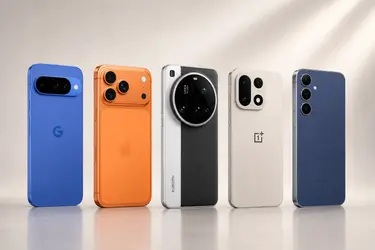 Ряд из пяти смартфонов: Google, Apple, Xiaomi, OnePlus и Samsung на светлом фоне.
