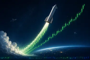 Ракета SpaceX летит вверх, оставляя за собой зеленый график роста акций на фоне Земли и спутников.