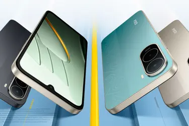 Смартфоны Poco C81 Pro черного, зеленого и золотого цветов, виды спереди и сзади.