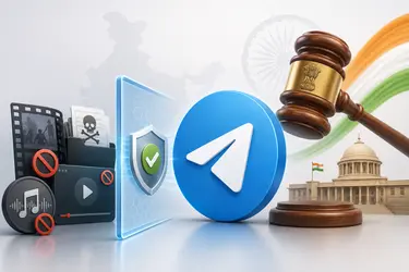 Логотип Telegram, иконки пиратского контента и судейский молоток с гербом Индии.