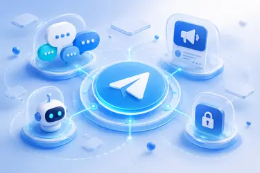 Логотип Telegram, чаты, мегафон, робот и замок в стеклянных куполах на синем фоне.