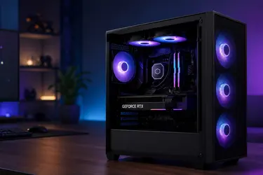 Игровой ПК с подсветкой и видеокартой GeForce RTX на столе.