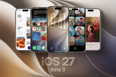 Пять смартфонов с интерфейсом iOS 27, надпись iOS 27 Beta 3, абстрактный фон.