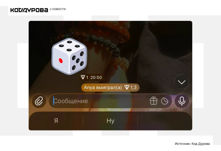 Интерфейс мессенджера с игрой: красный кубик показывает единицу, вверху — время и выигрыш Ани (1,3), внизу — чат и кнопки.