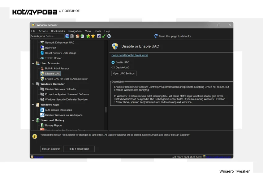 Окно программы WinAero Tweaker с открытым разделом User Accounts