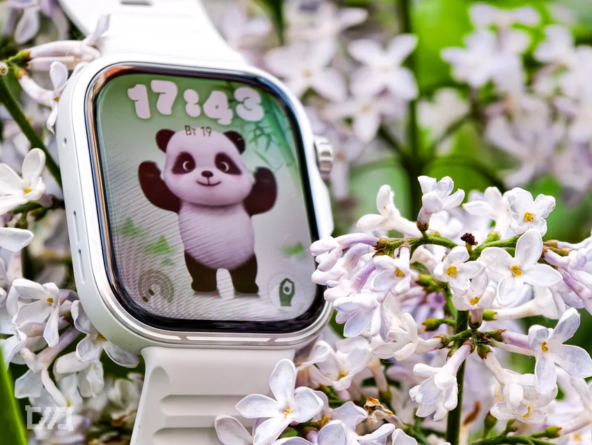 Смарт-часы Huawei Watch Fit 5 Pro с изображением панды на циферблате, показывающие время 17:43 и дату Вт 19.