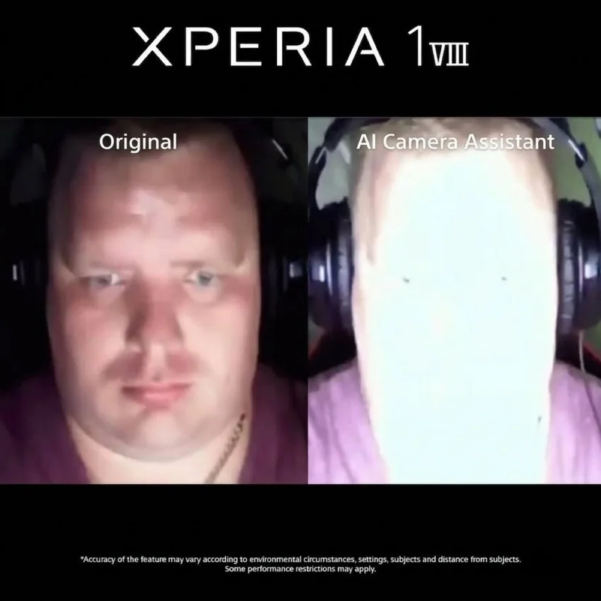 Сравнение изображений человека до и после применения функции AI Camera Assistant на смартфоне Xperia 1 VIII.