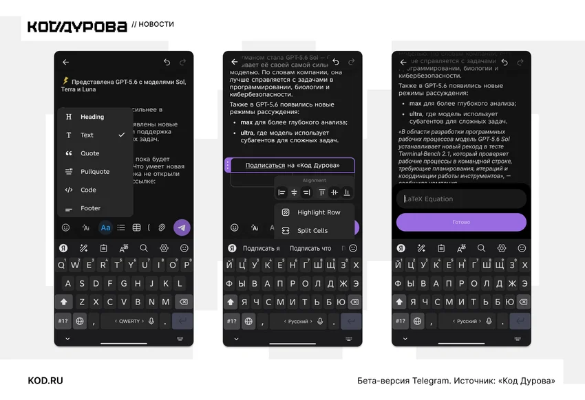 Скриншоты Telegram: меню форматирования, инструменты для таблиц и вставка формул LaTeX.