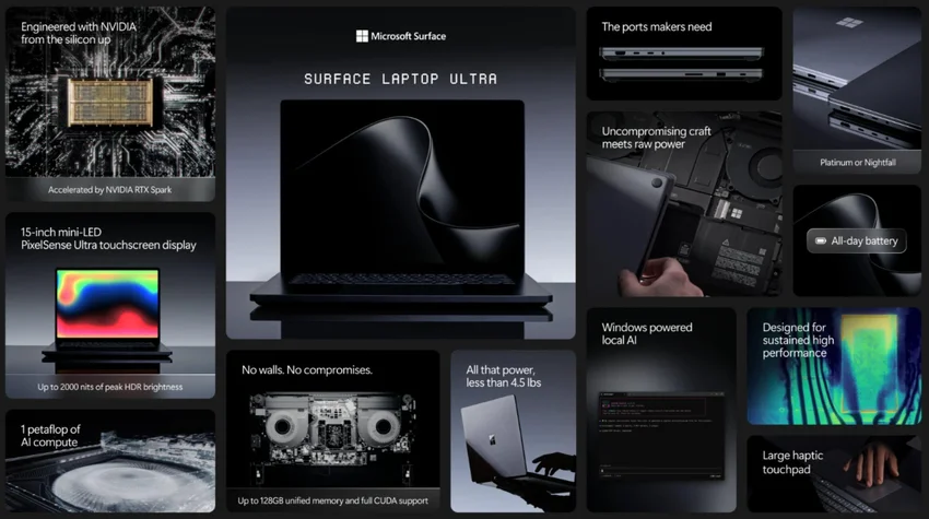 Microsoft представила новый ноутбук Surface Laptop Ultra с чипом Nvidia RTX Spark