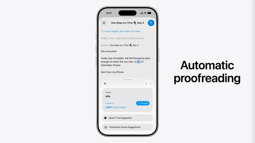 Функция автоматической проверки текста на iPhone: предложение заменить 'site' на 'sight'.
