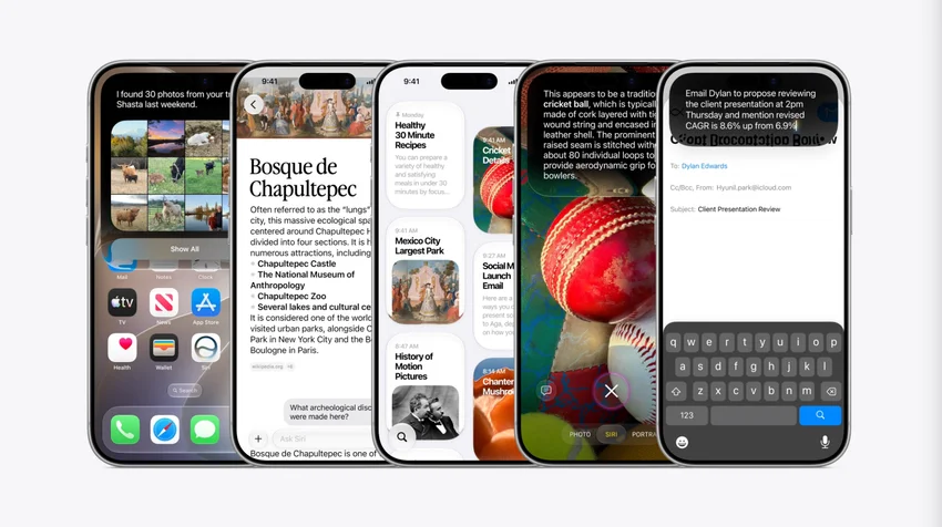 Ряд iPhone с интерфейсами Siri AI, виджетами, статьей и камерой.