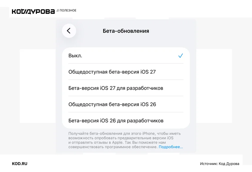 Скриншот меню «Бета-обновления» в настройках iOS с выбором версии.