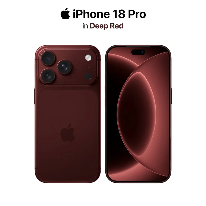 iPhone 18 Pro в цвете Deep Red: вид спереди и сзади, камера, логотип Apple.