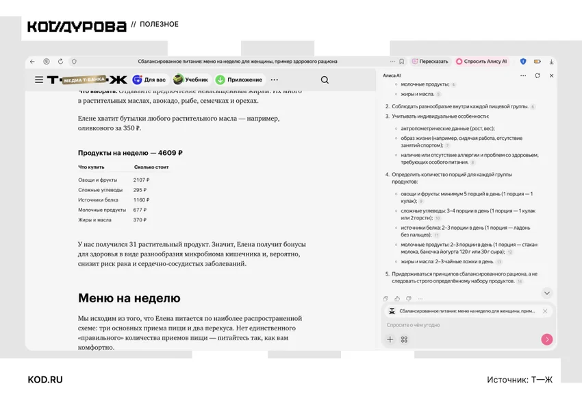 Скриншот Яндекс Браузера: слева статья о питании, справа чат с Алисой AI.